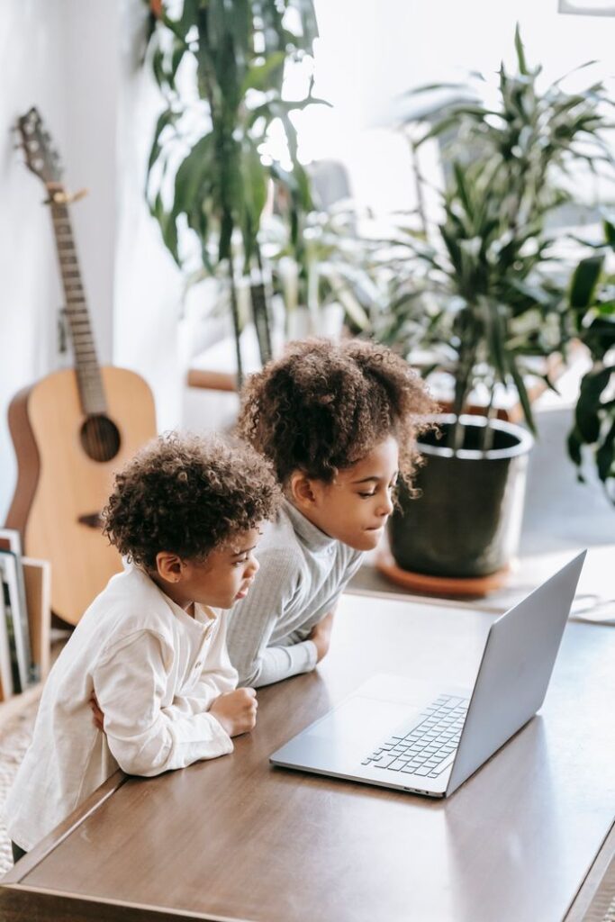 Side view of African American siblings looking at screen of netbook while sitting at table in room with guitar and flowerpots