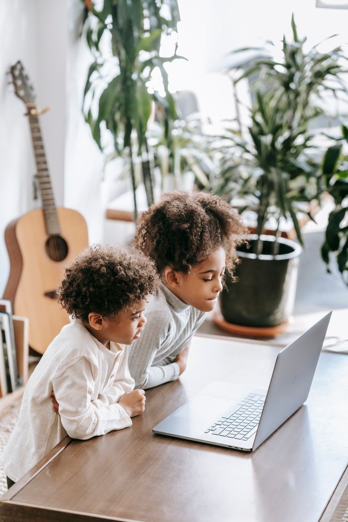 Side view of African American siblings looking at screen of netbook while sitting at table in room with guitar and flowerpots